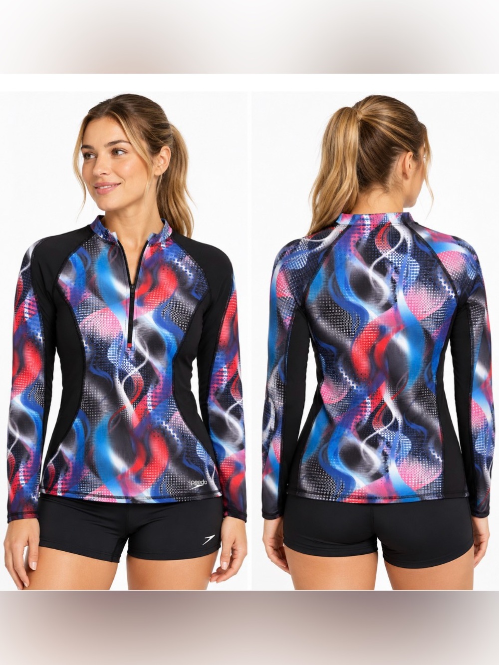 Speedo Endurance Lite Long Sleeve Quarter Zip Rash Guard Multicolor Size S Small